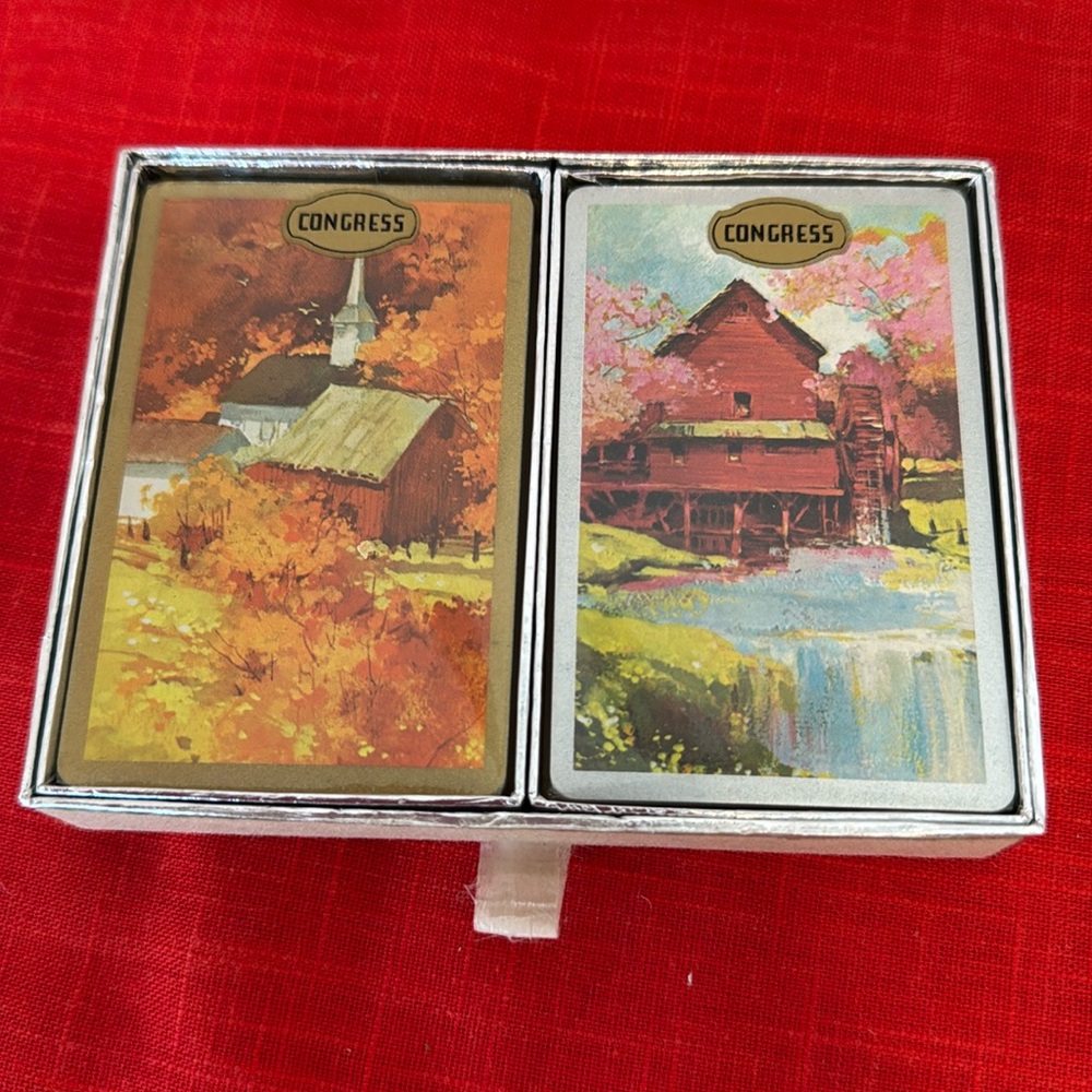 Vintage SEALED Congress Dual Deck Playing Cards red Barn Near River- vintage
